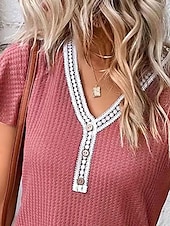 abordables T-shirt uni-Femme T shirt Plein Mode Moderne Décontractées Manche Courte Col V Hauts réguliers du quotidien Fin de semaine Patchwork Noir Blanche Rose Claire Eté Printemps