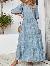 cheap Floral Dress-Women&#039;s Maxi Dress Puff Sleeve Dress Casual Lantern Sleeve Vacation Casual Daily Regular Fit Graphic 3/4 Length Sleeve Crew Neck Light Blue Summer