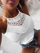 abordables Débardeurs et camisoles femme-Débardeur pour femmes en camisole noir blanc jaune couleur unie dentelle trou quotidien col halter coupe régulière S