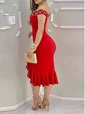 cheap Sequin Dresses-Women's Midi Dress Elegant Dress Off The Shoulder Dress Elegant Sleeveless Regular Fit Solid Color Sleeveless Off Shoulder Blue Black Pink Red Summer