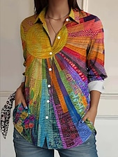 preiswerte Damen Streifen- und geometrische Oberteile-Damen Hemd Blumen Karomuster Farbblock Elegant Vintage Tropisch Langarm Hemdkragen Normale Oberteile Arbeit Täglich Knöpfe Druck Regenbogen Sommer Frühling