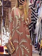 ieftine Rochii Boho-Pentru femei Rochii Midi Rochie casual Rochie A line Rochie Boho Stilat Casual Vacanță Zilnic Fit regulat Grafic Lungime Manșon 3/4 În V Roz Îmbujorat Kaki Verde Militar Vară