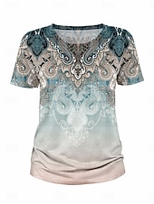 billige Boho t-skjorte-Dame T skjorte Blomstret Grafisk Årgang Stilfull Fritid Kortermet Crew-hals Vanlige topper Daglig Ut på byen Helg Trykt mønster Blå Sommer Vår