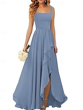 baratos Vestidos para Madrinhas-Linha A Vestido de Madrinha Correias / Decote Quadrado Sem Manga Elegante Longo Chiffon / Elastano com Pregas / Fru-Fru / Pregueado 2022