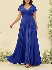 baratos Vestidos para Madrinhas-Linha A Vestido de Madrinha Decote V Manga Curta Elegante Longo Chiffon com Fru-Fru / Franzido 2022
