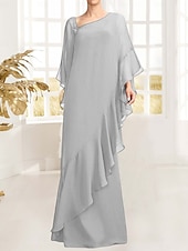 cheap Floor Length-Sheath / Column Mother of the Bride Dress Elegant Vintage Simple Asymmetrical Neck Floor Length Chiffon Long Sleeve with Beading Ruffles Cascading Ruffles