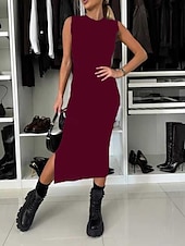 preiswerte Einfaches Kleid-Damen Maxikleid Pullover Kleid Sommer Kleid Athletisch Kleid Unifarbenes Lässig Urlaub Daily Regular Fit Unifarben Ärmellos Rundhals Schwarz Wein Braun Grau Sommer