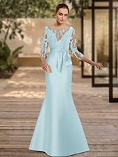 baratos VERDE-vestido de noite sereia verde elegante vestido formal comprimento até o chão manga 3/4 decote ilusão cetim com apliques 2025