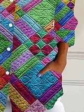 preiswerte Damen Streifen- und geometrische Oberteile-Damenhemd Grafik Geometrisch Alltag Stilvoll Retro Vintage 3/4 Länge Ärmel Hemdkragen Reguläre Tops Alltag Urlaub Ausgehen Buttons Regenbogen Sommer Frühling