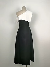 abordables Robes de cocktail-Robe de cocktail A-Line robe élégante retour à la maison cocktail party longueur thé sans manches une épaule poche mélange coton dos nu avec volants poche robes