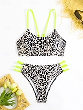 abordables Ensemble de bikinis-Maillots de bain pour femmes Bikini 2 pièces Maillot de bain échancré Sans dos Slim Vêtements de plage de vacances Léopard Col scoop sans manches