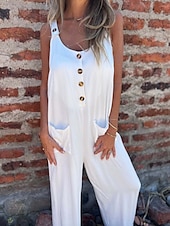 abordables Mono-Mujer Normal Mono Activo Color sólido Sin Mangas Escote en U Botones Bolsillo Vacaciones Diario Ajuste regular Negro Blanco Azul Piscina Verano