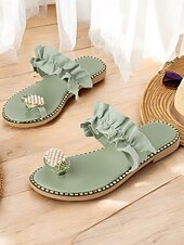 billiga Semester Sandaler-gröna volangsandaler för kvinnor – snygg pärlananasdetalj, bekväma platta sandaler för sommar, strand och fritidskläder