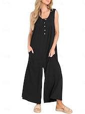 preiswerte lässige Overalls-Damen Normal Jumpsuit Aktiv Feste Farbe Ärmellos U-Ausschnitt Knopf Tasche Urlaub Täglich Regular Fit Schwarz Marineblau Blau Sommer