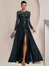 abordables Longueur du plancher-Robe de mère de la mariée A-Line pour invitée de mariage élégante col bijou longueur de sol en chiffon dentelle sequins à manches longues avec plissage avant couleur unie taille personnalisée gratuite