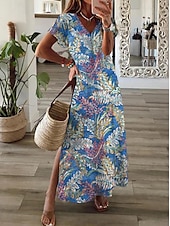 economico Abito Floreale-Per donna Abito maxi Abito cachemire Vestito Casual Abito Boho a Maniche Lunghe Abito a trapezio Bohemien Vacanza Vintage Vacanza Quotidiano Vestibilità regolare Floreale Manica Corta Scollo a V blu