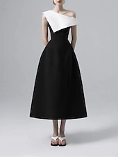 abordables Robes de cocktail-Robe de cocktail A-Line robe élégante retour à la maison cocktail party longueur thé sans manches une épaule poche mélange coton dos nu avec volants poche robes