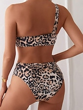 billiga Bikiniset-Dam Badkläder Bikini 2 st Kaxig Baddräkt Öppen rygg Smal Semester Standkläder Leopard Asymmetrisk hals Ärmlös Baddräkter