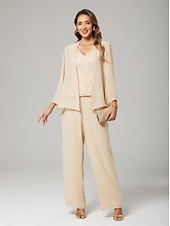 abordables Longueur du plancher-Combinaison  pantalon 3 pièces robe de la mère de la mariée invité de mariage formel élégante encolure en V longue jusqu&#039;au sol robe en chiffon avec dentelle manches longues blazer avec appliqués