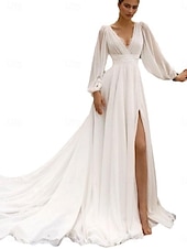 economico abiti da sposa casual-Abiti da sposa Linea-A A V Cinghie Regolari Strascico da cappella Tulle Abiti da sposa Con A pieghe Con ruche 2025