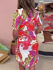 abordables Robes de vacances-Femme Mini robe Robe casual mode Décontractées Vacances du quotidien Standard Cachemire Manche Courte Col cranté Blanche Rouge Bleu Vert Eté