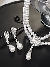 abordables Collar de mujer-Elegante conjunto de joyas nupciales de perlas: collar de doble capa y aretes colgantes con detalles de diamantes de imitación, accesorios de boda vintage para mujeres, joyas formales para fiestas y veladas