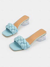 cheap Dress Sandals-Women&#039;s Light Blue Braided Strap Heeled Mules – Trendy Square Toe Summer Sandals