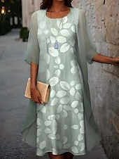 levne květinové šaty-Šaty pro absolventky Midi Šaty Šifon Šaty Posunovací Šaty Elegantní Dovolená Narozeninová Formální Svatební Svatební Host Volný Střih Květinové S Polovinou Rukávu Kulatý Výstřih Zelená Letní Jaro