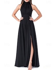 abordables Robes de demoiselle d&#039;honneur-Robe de demoiselle d&#039;honneur A-Line col halter manches courtes élégante longueur de sol chiffon avec plis  fente avant  fronces