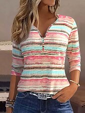billige Stripe og geometrisk t-skjorte-Dame T skjorte Stripet Fritid Langermet Hals med hakk Vanlige topper Daglig Trykt mønster Rosa Vår Høst