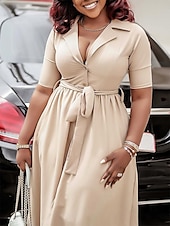 economico Sotto 129,99 $-Abito Madre della Sposa Abito Elegante Casual Collo Camicia Lunghezza Completa Poliestere Maniche Corte con Bottoni