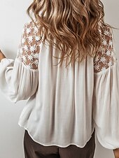 preiswerte Damen Arbeitsoberteile-Damen Bluse Feste Farbe Stilvoll Brautkleider schlicht Langarm V Ausschnitt Normale Oberteile Arbeit Täglich Festtage Spitze Patchwork Weiß Frühling Herbst Winter