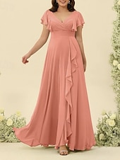 baratos Vestidos para Madrinhas-Linha A Vestido de Madrinha Decote V Manga Curta Elegante Longo Chiffon com Fru-Fru / Franzido 2022