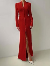 voordelige Vloerlengte-Zeemeermin  Trompet Moeder Van De Bruid Jurk Tuxedo Jurk Elegante Hoge Split V-Hals Vloerlange Satijn Lange Mouwen met Split