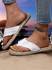 preiswerte Urlaubsandalen-blaue Flip-Flops mit ausgefransten Riemen für Damen – bequeme, lässige Strandsandalen mit Espadrille-Sohle – perfekt für den Sommerurlaub