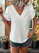 economico Top Semplici da Donna-Per donna Camicia Blusa Tinta unica Elegante Moda Essenziale Manica corta A V Top regolari Giornaliero Pizzo Bianco Estate Primavera