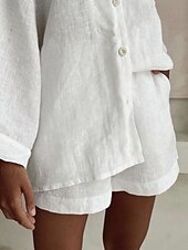 cheap Sets-Women&#039;s Fashion Streetwear Daily Shirt Linen-Inspired Sets Two Piece Sets Baggy Shorts Long Sleeve V Neck Plain Casual Daily Black White Blue Summer Regular Fit