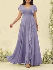baratos Vestidos para Madrinhas-Linha A Vestido de Madrinha Decote V Manga Curta Elegante Longo Chiffon com Fru-Fru / Franzido 2022