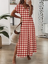 baratos Vestidos Listrados e Geométricos-Vestido Maxi Feminino Vestido Casual Vestido de Verão Vestido em A Estilo Casual Férias Diárias Ajuste Regular Xadrez Manga Curta Decote em V Vermelho Primavera Outono