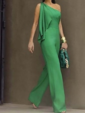 abordables Combinaisons pour maman-Combinaison  Pantalon de maman de la mariée Invitée de mariage élégante simple minimaliste épaule unique longueur de sol polyester sans manches avec nœud(s) volants couleur unie