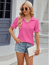cheap Lace Tops-Women&#039;s Boho T-shirt Plain Bohemia Cute Stylish Short Sleeve Puff Sleeve V Neck Shirt Collar Regular Tops Daily Going out Weekend Ruffle Eyelet Sage Green Black White Pink Wine Summer
