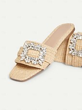 levne Sandály na dovolenou-dámské tkané slaměné pantofle s křišťálovými přezkami – elegantní a pohodlné ploché sandály pro letní dovolenou, plážové dny a neformální výlety