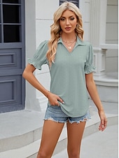 cheap Lace Tops-Women&#039;s Boho T-shirt Plain Bohemia Cute Stylish Short Sleeve Puff Sleeve V Neck Shirt Collar Regular Tops Daily Going out Weekend Ruffle Eyelet Sage Green Black White Pink Wine Summer