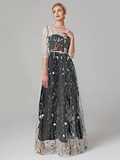 economico FLORALI-Matrimonio in Spiaggia Abito da Sera A-Line Elegante Vestito Ospite di Matrimonio Lunghezza A Terra Manica 3/4 Collo Illusione Pizzo con Ricamo 2025
