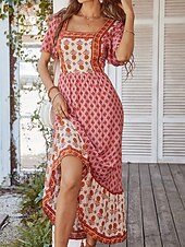 tanie Wakacyjne sukienki-Damskie Sukienka maxi Codzienne sukienki Sukienka rozkloszowana Sukienka A line Elegancki Codzienny Urlop Codzienny Regularny Kwiaty Krótki rękaw Kwadratowy dekolt Żółty Rumiany róż Pomarańczowy