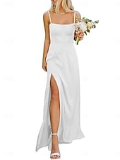 baratos Vestidos para Madrinhas-Linha A Vestido de Madrinha Com Alças Finas Sem Manga Elegante Longo Fibra Sintética com Fenda Frontal 2022