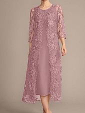 baratos Com jaqueta-Conjunto de Vestido de Mãe da Noiva Elegante Vintage Simples Gola Redonda Comprimento Chá Chiffon Manga 3/4 Com Bordas em Cascata com Aplique de Renda Floral com Lantejoulas 2025