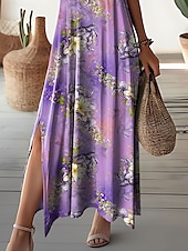 ieftine rochie florală-Pentru femei Rochie Maxi Rochie casual Rochie A line Stilat Casual Vacanță Zilnic Fit regulat Floral Manșon scurt În V Mov Primăvară Toamnă
