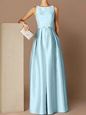 preiswerte Sekt-Strandhochzeit A-Linie Abendkleid Elegantes Kleid Formelle Abend Bodenlanger Ärmellos Schmuck-Ausschnitt Herbst Hochzeitsgast Satin mit Gurt/Ribbon Falten Applikationen 2025