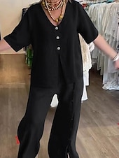 preiswerte Sets-Damen Mode Streetwear Hemd Baumwoll-Leinen-Sets Zweiteilige Sets Leinenhosen Hosen Hose Kurzarm V Ausschnitt Einfarbig Kordelzug Alltagskleidung Date Schwarz Weiß Blau Sommer Normale Passform